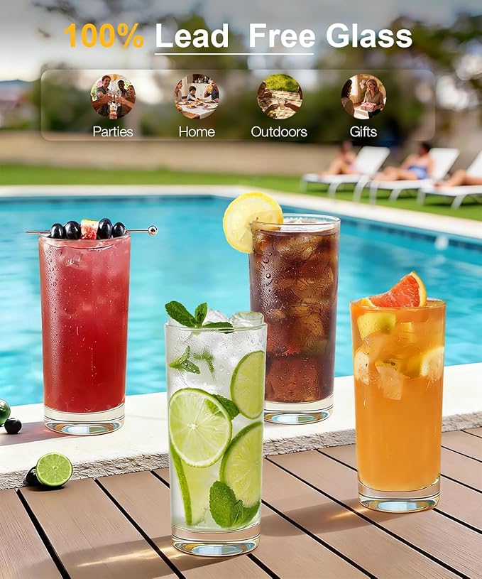 Drinking Water Glasses Set of 6, 15.5oz Highball Glasses, Lead-Free Crystal Glassware with Unique Wide Mouth, Thoughtful Gifts for House Warming, Birthdays, Everyday Life