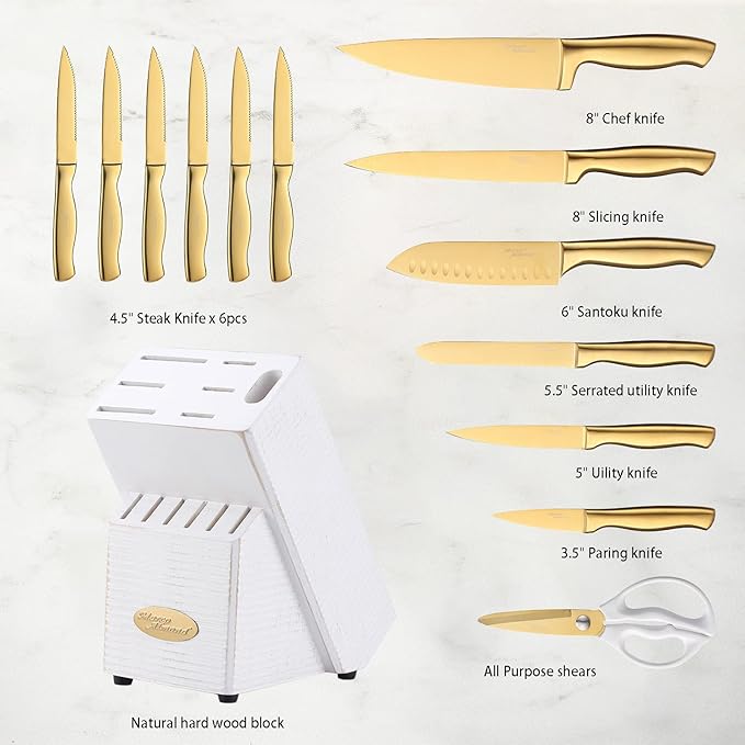 Marco Almond® Gold Knife Set, Knife Block Set MA21,Titanium Coated 14 Pieces Stainless Steel Chef Gold Kitchen Knife Sets with White Block