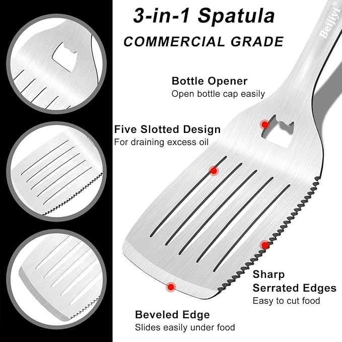 Beijiyi 2-Piece Heavy Duty BBQ Grill Tools Set, Professional Stainless Steel Grilling Spatula & Fork with Full Tang Silicone Handle, Outdoor Grill Accessories for Barbecue Cooking