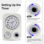 Lily's Home - 9.5 Inch x 12.5 Inch - Retro Kitchen Wall Clock, Vintage Wall Clock with a Thermometer and 60-Minute Timer, Ideal for Any Kitchen, Office, or Diner (White)