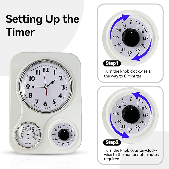 Lily's Home - 9.5 Inch x 12.5 Inch - Retro Kitchen Wall Clock, Vintage Wall Clock with a Thermometer and 60-Minute Timer, Ideal for Any Kitchen, Office, or Diner (White)