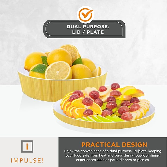 IMPULSE! Rimini Large Bamboo Melamine Bowl – Bright & Stylish with Lid That Doubles as Plate | Great for Salads, Sides, Snacks, Dips & More | Perfect for Outdoor, Home & Commercial Use