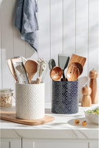 Kitchen Utensil Holder, 6x7 inch Large Ceramic Utensil Holder with Embossed Pattern, Cooking Utensil Crocks for Kitchen Countertop, Home Decor, Off-White