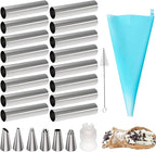 Cannoli Tubes Set, 25 Pack Large Cannoli Forms with Cleaning Brush, Reusable Silicone Piping Bag and Long Piping Tip, Stainless Steel Kitchen Tool DIY Dessert Supplies