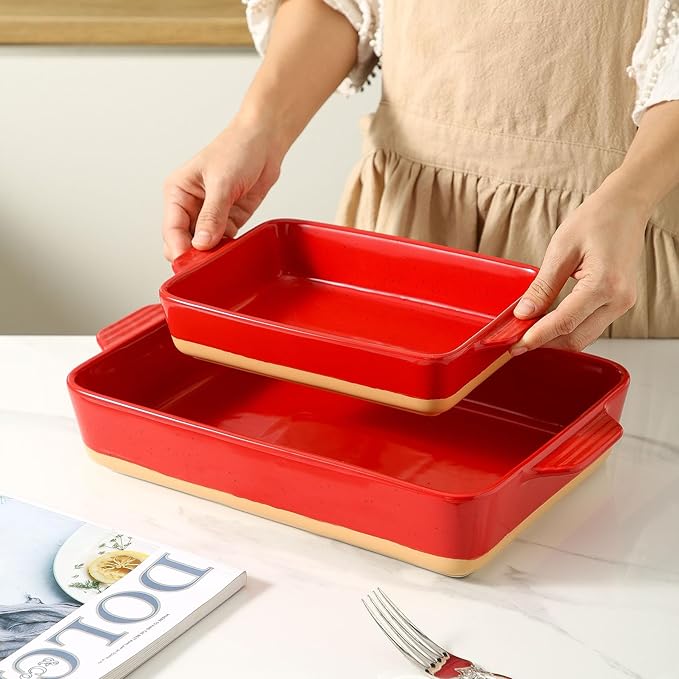 Ceramic Baking Casserole Dish with Handles, Large 9x13 inch Pan and Middle Baking Pan - Porcelain Serving Bakeware Set (Vintage Red)