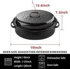 19Inch Roasting Pan, Enamel on Steel, Black Covered Oval Roaster Pan with Lid, Medium Cookware for Turkey, Small Chicken, Roast Baking Pan.