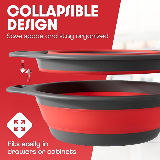 Gevoli Strainer with Self-Draining Base (5QT) Over-Sink Collapsible Kitchen Colander Set with Side-drain Base for Pasta Vegetables and Fruit, XL Large Capacity, Dishwasher Safe (5-Quart) Red/Gray