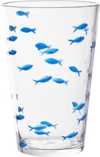 KLIFA- CHARLESTON- 19 oz, Set of 6, Acrylic Fishing Highball, School of Fish Drinking Glasses, BPA-Free, Stackable Plastic Drinkware, Dishwasher Safe Cups, Clear with Dark Blue Printing