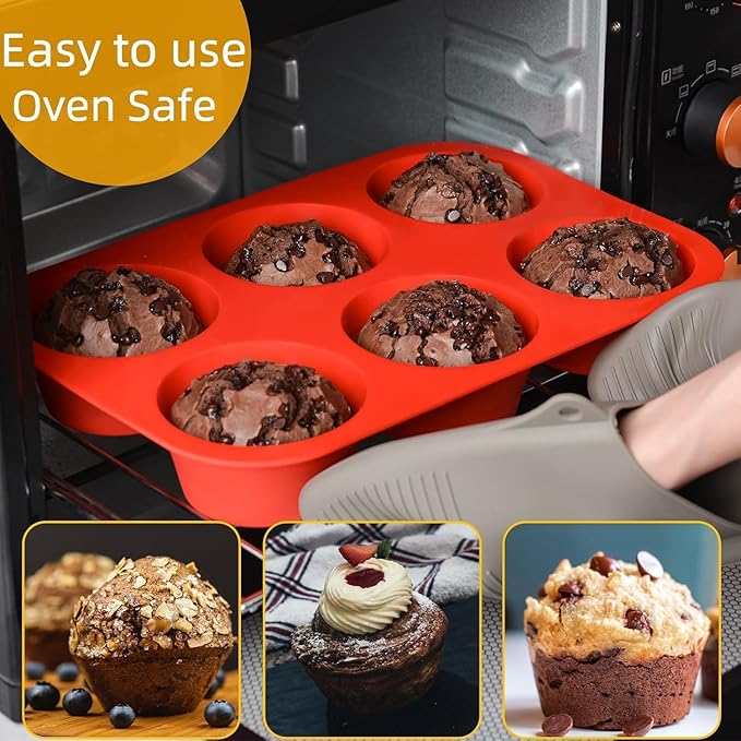 CAKETIME Silicone Jumbo Muffin Pan, 3.5 Inch Silicone Texas Muffin Pan 6 Cup Large Cupcake Pan Nonstick BPA Free Silicone Molds 2 Pack Red
