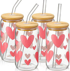 DWTS DANWEITESI Glass Cups with Lids and Straws with Design Pink Hearts 4 pcs,Clear Glass Cups 16 oz-Glass Tumbler,Cute Glass Iced Coffee Cups with Lids and Straws