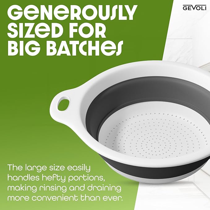 Gevoli Collapsible Colander Strainer, Includes Over-sink Countertop Draining Base (5QT) Large Kitchen Drainer for Vegetables Fruit and Pasta, Round Foldable Draining Basket, Easy Storage (White)