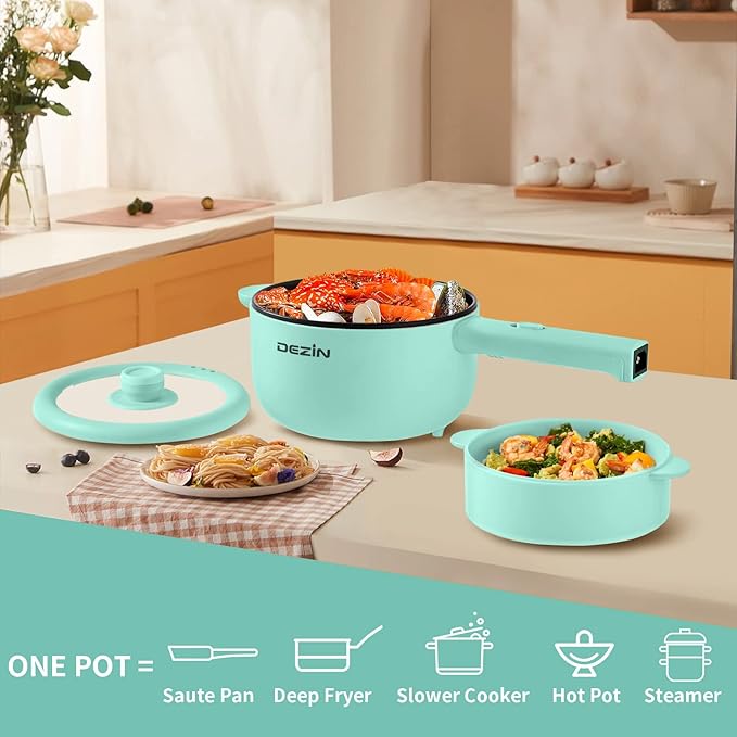 Dezin Hot Pot Electric, 2L Non-Stick Sauté Pan, Rapid Noodles Cooker, Mini Portable Pot for Steak, Egg, Fried Rice, Ramen, Oatmeal, Soup with Power Adjustment & Spatula, College Dorm Room Essential