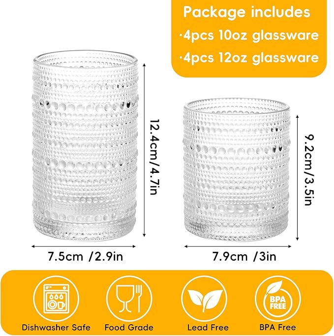 Moretoes 8 Pack Hobnail Drinking Glasses Set, 12 Oz Highball Glasses & 10 Oz Cocktail Glasses, Clear Embossed Water Glass Cups Kitchen Bar Tumbler Glassware Set for Whiskey, Beer, Juice, Milk