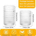 Moretoes 8 Pack Hobnail Drinking Glasses Set, 12 Oz Highball Glasses & 10 Oz Cocktail Glasses, Clear Embossed Water Glass Cups Kitchen Bar Tumbler Glassware Set for Whiskey, Beer, Juice, Milk