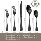 KINGSTONE 40 Piece Teardrop Silverware Set for 8, 18/10 Stainless Steel Flatware Set, Modern Design Cutlery Set for Home/Hotel/Wedding,Mirror Polished and Dishwasher Safe, Black