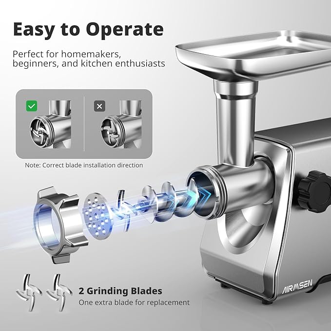 AIRMSEN Electric Meat Grinder & Mincer – Heavy Duty Professional Stainless Steel Sausage Maker & Stuffer with 3 Plates, 2 Stainless Blades & Kubbe Kit – Fast, Quiet, Easy to Clean for Home Kitchen Use