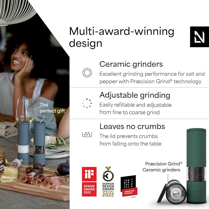 LARS NYSØM Salt and Pepper Grinder Set Manual, Stainless Steel Salt and Pepper Mills with Adjustable Ceramic Grinder I Design Spice Shakers (Pine Green)