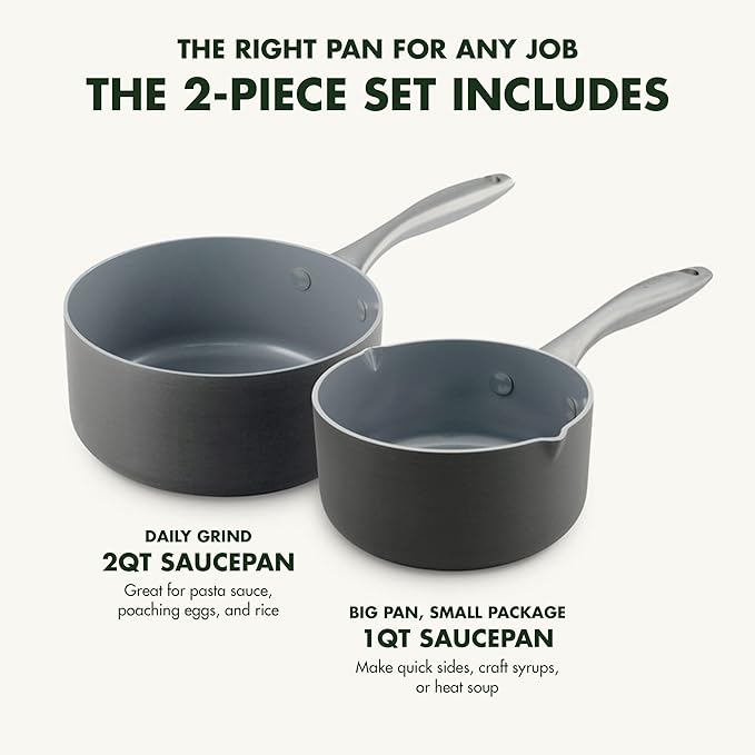 GreenPan Lima Hard Anodized Healthy Ceramic Nonstick 1QT and 2QT Saucepan Pot Set, PFAS-Free, Oven Safe, Gray