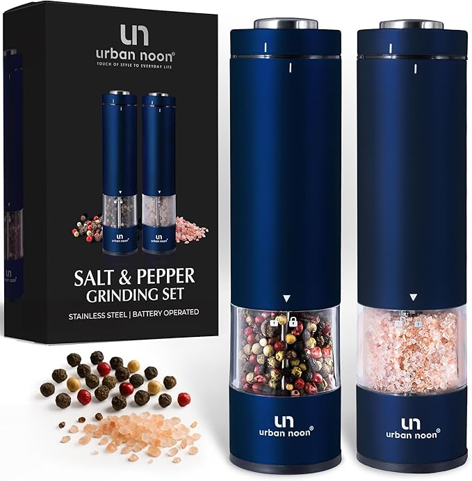 Electric Salt and Pepper Grinder Set - Battery Operated Stainless Steel Mill with Light (2 Mills) - Automatic One Handed Operation - Electronic Adjustable Shakers - Ceramic Grinders Blue