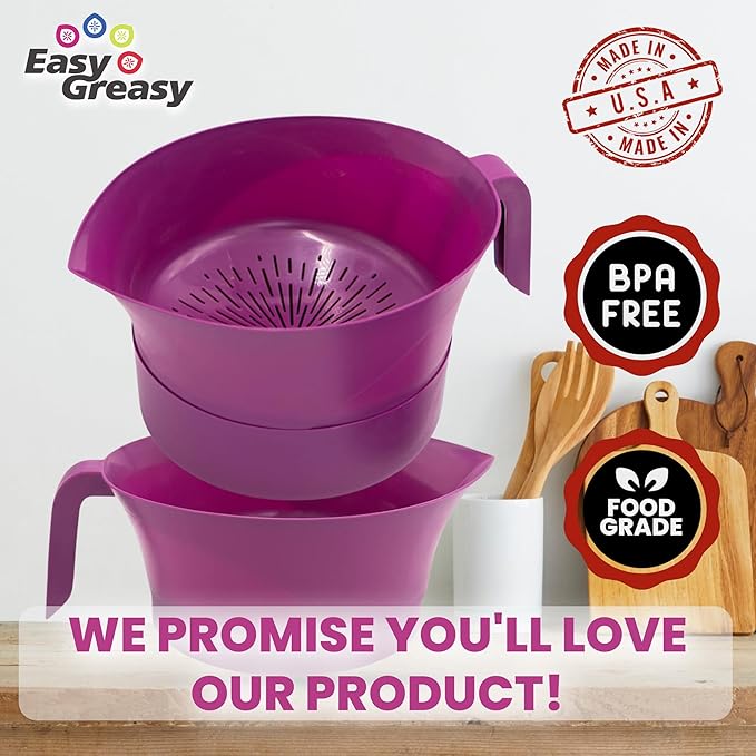 3-Piece Colander Grease Strainer Set – Purple Grease Separator with Handle, Container & Lid – Strains Bacon, Pasta, Ground Beef – BPA-Free Kitchen Gadget