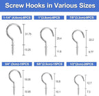 Screw Hooks, 75PCS Sliver Cup Hooks, Small Screw in Hook for Wood, Metal Srew in Hook for Hanging Mug Key and Garden Lights(6 Sizes)