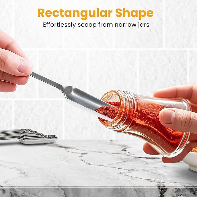 Stainless Steel Measuring Spoons Set of 8, Rectangular Metal Measuring Spoons with Leveler, Compact Spoons Design for Narrow Spice Jars, Teaspoon & Tablespoon Spoons for Dry & Liquid Ingredients