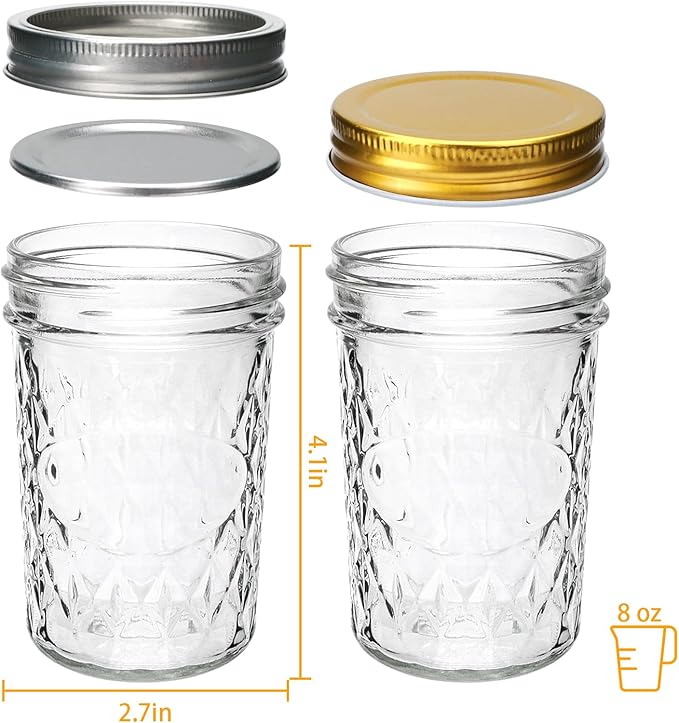 8oz Mason Jars,Canning Jars,Jam Jars for Jelly,Honey,Wedding Favors, Food Storage for Kitchen & DIY Gifts,with Lables,Pen and Sponge Brush,Set of 8