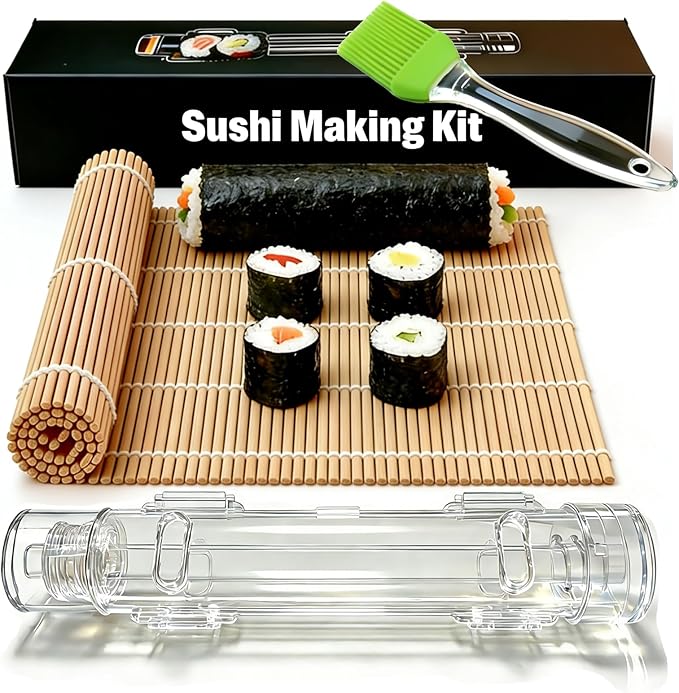 Sushi Making Kit – Clear Sushi Bazooka Roller & Bamboo Sushi Rolling Mat, Easy DIY Sushi Maker Tool Set for Beginners, Homemade Sushi Rolls for Kitchen & Party (Clear)