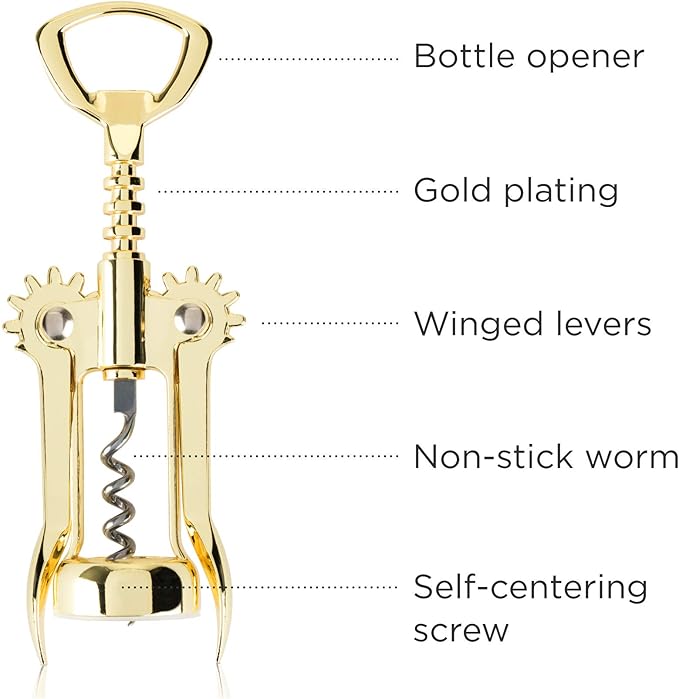 Viski Winged Corkscrew Wine Bottle Opener, Gold Plated Finish, Non-stick Coated Worm, 9.25"