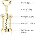 Viski Winged Corkscrew Wine Bottle Opener, Gold Plated Finish, Non-stick Coated Worm, 9.25"