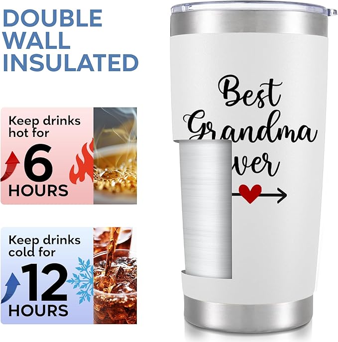 Christmas Gifts For Grandma, Best Grandma Ever Tumbler 20oz – Grandmother Present for Birthday, Mothers Day – First Time Grandmas Coffee Cup From Grandkids, Granddaughter Or Daughter