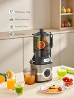 QCen Cold Press Juicer, 5.5” Wide Feed Chute Slow Masticating Juicer Machine for Whole Fruits and Vegetables, Easy to Clean (Gray)