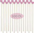 100 Pcs 6 Inch Pink Heart Shaped Valentine's Day Wooden Swizzle Sticks, Cocktail & Coffee Drink Stirrers, Rock Candy Sticks, Cake Pop Sticks, Lollipop Sticks for Anniversary, Wedding Party