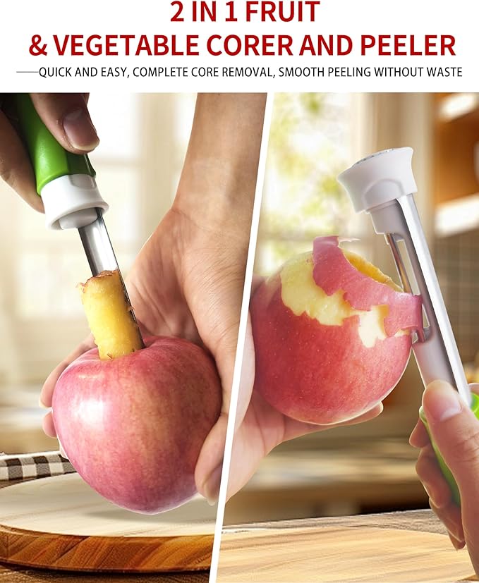 2 in 1 Apple Corer and Peeler Tool, Fruit Vegetable Corer and Peeler Tool Stainless Steel Apple Peeler Apple Corer Remover Tool Multifunction Corer Tool for Vegetable Fruit Kitchen Gadget (Green)
