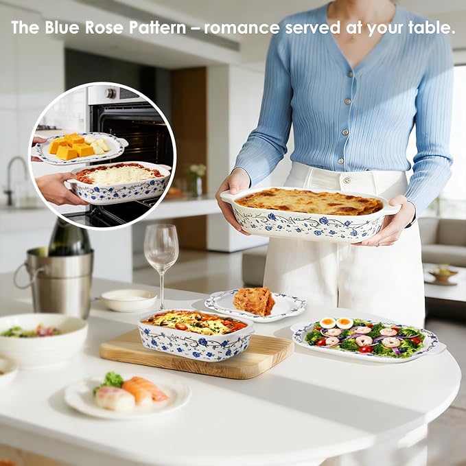 ACMLIFE Ceramic Casserole Dish with Lids for Oven, Large Baking Dish with Lid and Small Ceramic Casserole Dishes with Lid, Bakeware Set Baking Pan Lasagna Pan with Lids & Handles 4 Pcs Set (13x8 Inch+ 8x6 Inch, 2.01 Quart+0.85 Quart, Blue and White), C...