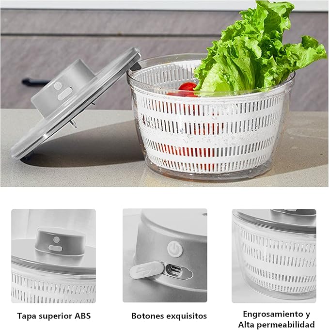 Electric Salad Spinner, 4L Lettuce Spinner Large Capacity USB Chargeble Fruit Vegetable Washer Dryer for Home Kitchen (Gray)