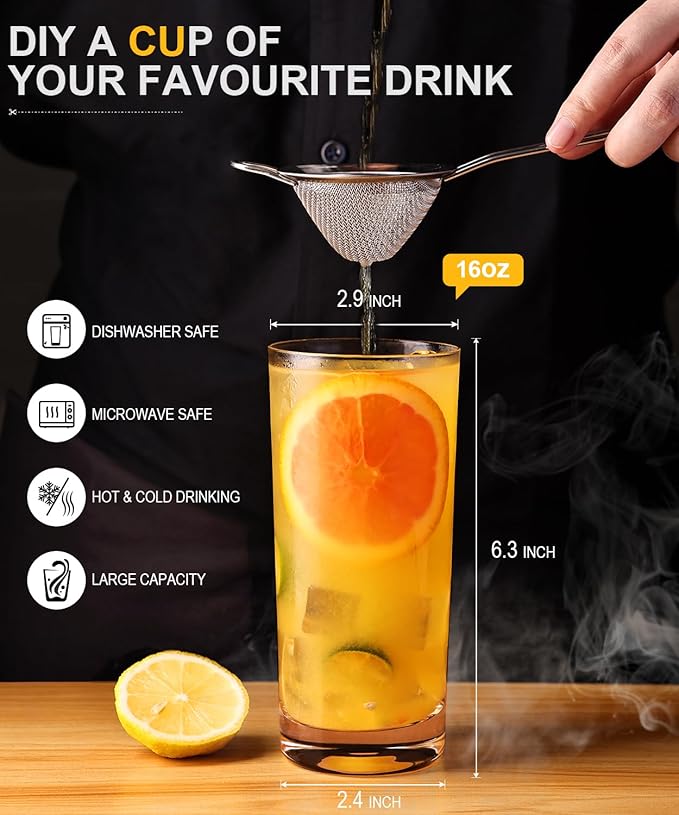 LUNA & MANTHA Drinking Highball Glasses Set of 4, Water Glasses 16 oz, Wide Mouth Design Lead-Free Crystal Glassware, Tall Glass Cups for Mojito and Tom Collins, Cocktail