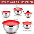 P&P CHEF Mixing Bowls With Lids, Set of 6, Stainless Steel Nesting Mixing Bowls & Fitting Lids & Non-Slip Silicone Bottom, Ideal for Mixing, Storing, Size 0.7/1/1.5/2.5/3/4.6 Qt, Red