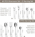 KINGSTONE 65 Pieces Silverware Set for 12, Premium Stainless Steel Flatware Set with Serving Utensils, Heavy Duty and Modern Design Cutlery Set, Mirror Polished, Dishwasher Safe