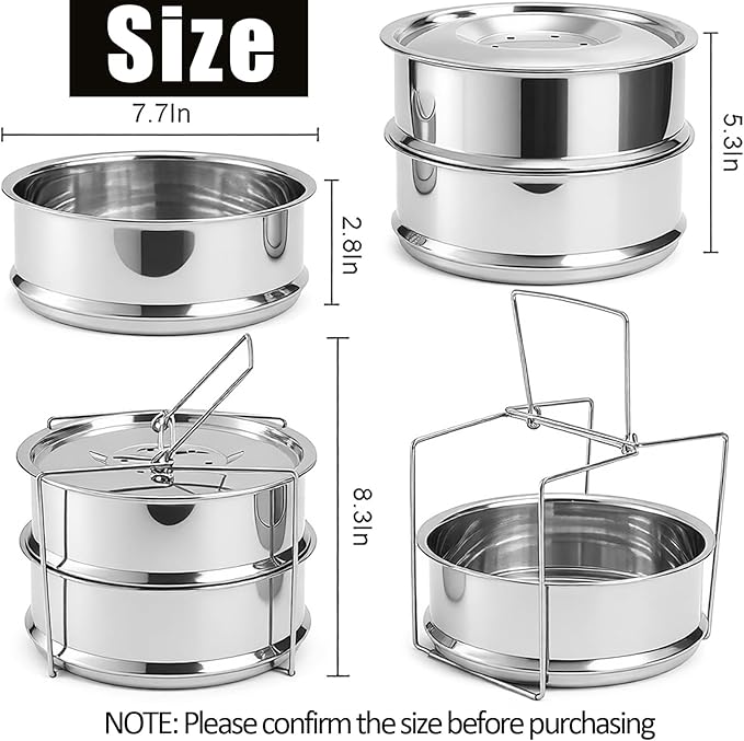 WUWEOT Stackable Steamer Insert Pans, 7.8 Inches Stainless Steel Pot-in-Pot Baking Pan, 2 Tier Pressure Cooker Accessories with Sling Handle and Silicone Gloves for Instant Pot