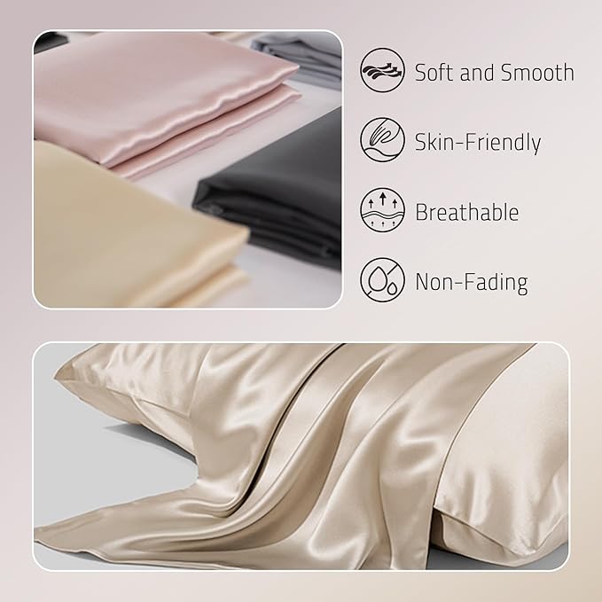 Mulberry Silk Pillow Cases Set of 2, Both Sides Real Silk Pillow Cover for Hair and Skin Prevent Acne Pillowcase Organic Silk Pillowcase 2 Pack with Hidden Zipper, Champagne, Queen (20"×30")