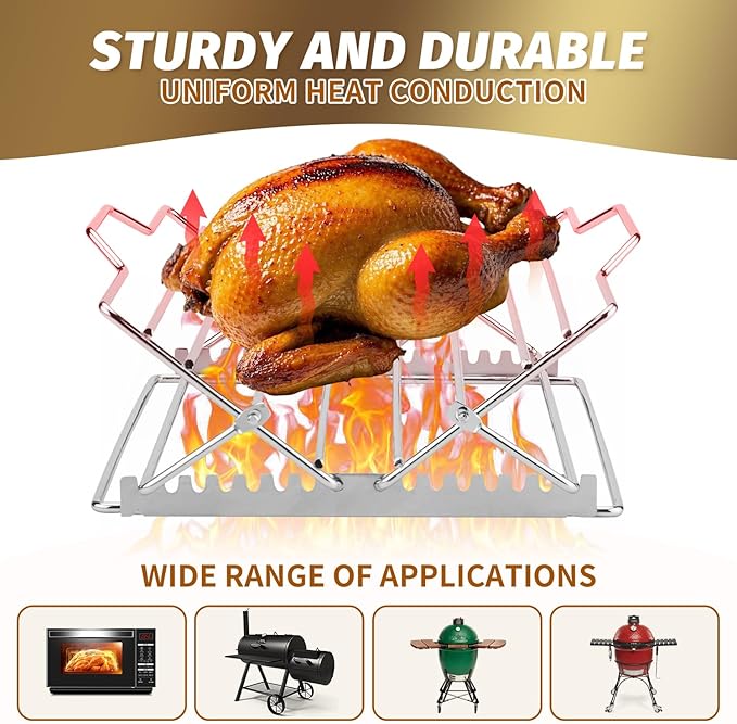 Adjustable Chicken Roasting Rack,Non-Stick Roasting and Cooling Rack, Stainless Steel Foldable Roasting Rack,V-Shaped Stand for Turkey Chicken Includes basting Brush (Silver)