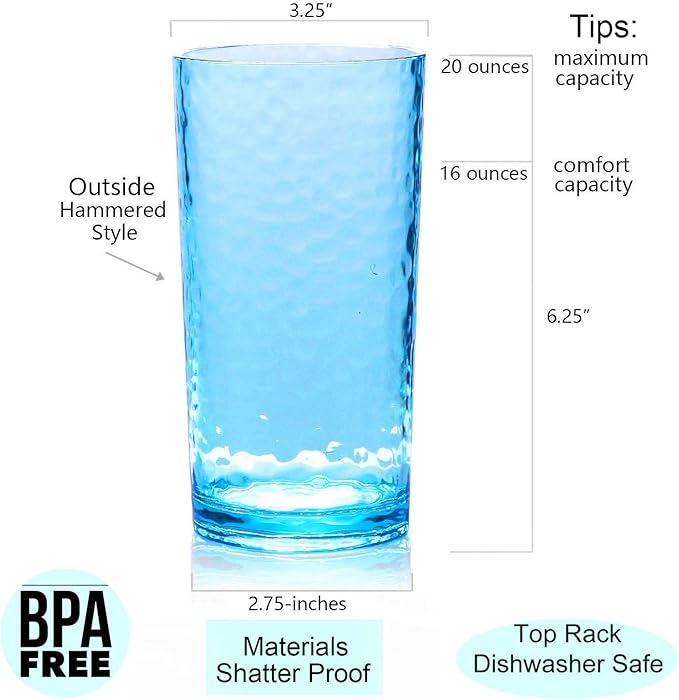 KX-WARE 14-ounce and 20-ounce Acrylic Glasses Plastic Tumbler, set of 8 Multicolor - Hammered Style, Dishwasher Safe, BPA Free