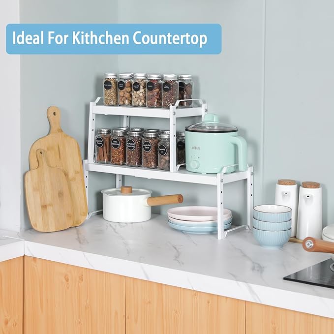2 Pack Expandable Kitchen Cabinet Shelves Organizers, Stackable Adjustable Small Storage Shelf Rack Stand Riser for Pantry Cabinet Cupboard Kitchen Counter Organization, 22 lbs Capacity, Length:20.5"
