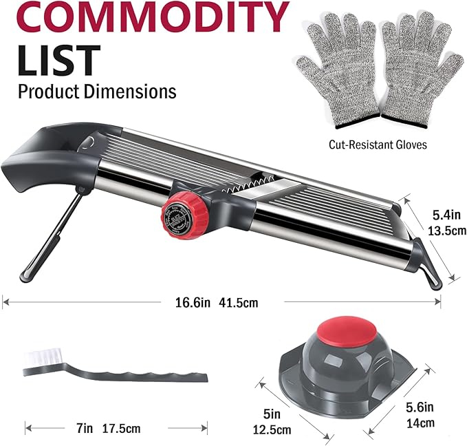 Masthome Adjustable Mandoline Food Slicer, Mandoline Slicer for Kitchen, Stainless Steel Mandolin, Fruit and Vegetable Cutter with Cut-Resistant Gloves and Cleaning Brush-Red