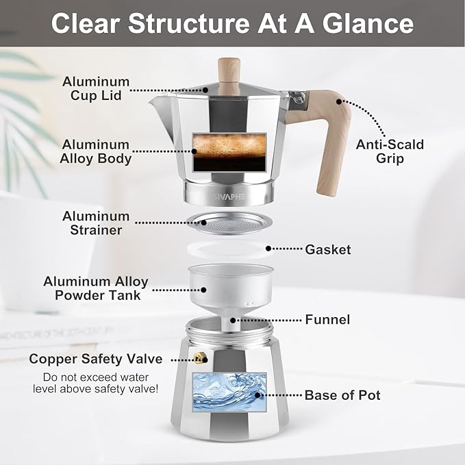 Sivaphe Aluminum Moka Pot 6 Espresso Cups, Percolator Espresso and Coffee Maker, Portable Stovetop Italian and Cuban Café Brewer for Home and Camping Sliver
