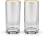 Viski Meridian Highball Glasses Set of 2 - Vintage Drinking Glass, Art Deco Ripple Glassware Design, 15oz Gold Rimmed Collins Glasses Set