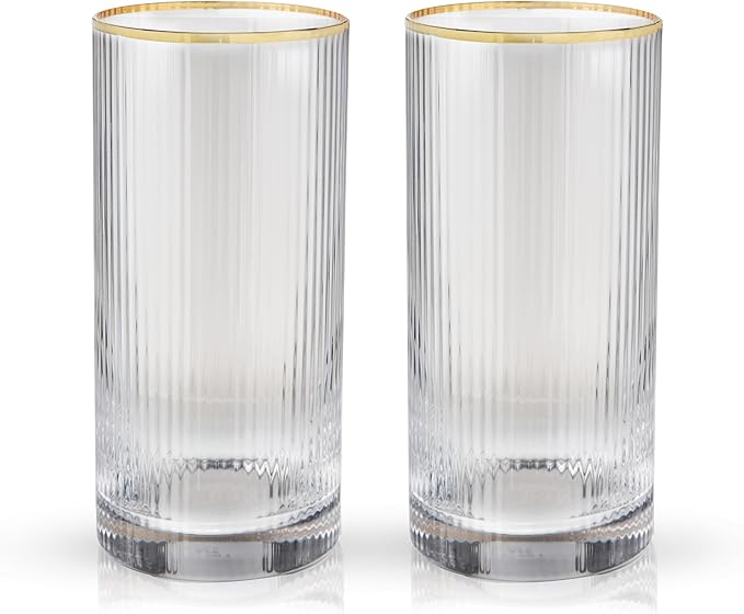 Viski Meridian Highball Glasses Set of 2 - Vintage Drinking Glass, Art Deco Ripple Glassware Design, 15oz Gold Rimmed Collins Glasses Set