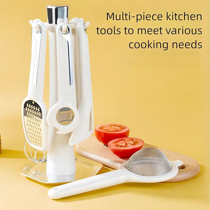 7-Piece Kitchen Gadget Set, Stainless Steel Cooking Utensils Set with Holder, 7-Pieces All Metal Kitchen Utensils, 11.4’’ Long Kitchen Tools with Countertop Rotating Stand (White)