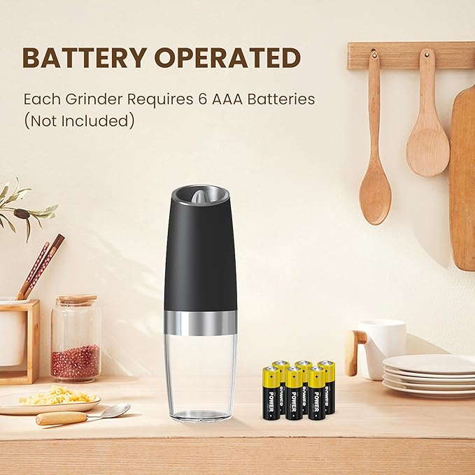Gravity Electric Salt And Pepper Grinder, Automatic Salt And Pepper Grinder, Battery Powered (6 AAA Batteries Each), Adjustable Roughness, LED Light, 1 Pack, (Black)